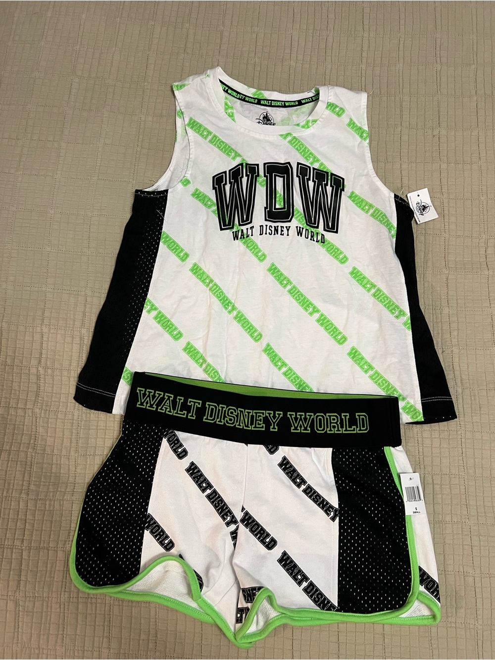 Disney White, Black & Neon Green WDW Tank Top and Shorts Set
